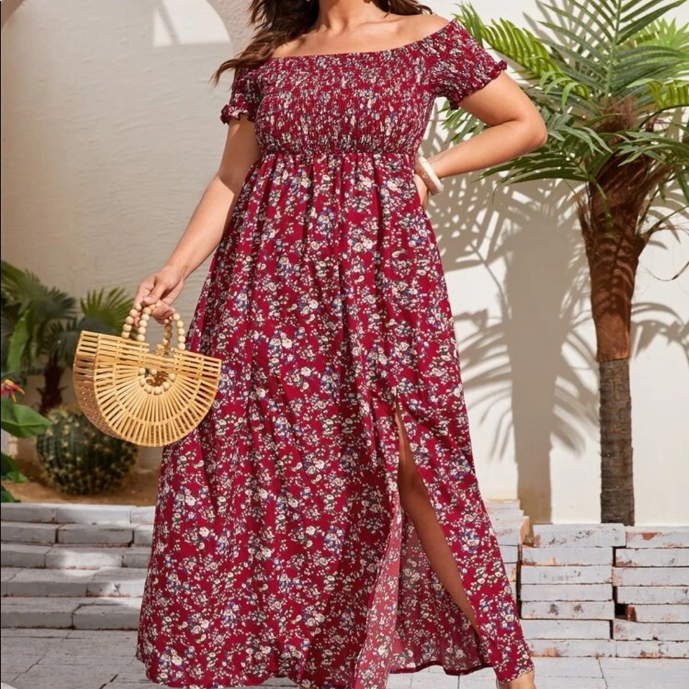 Off Shoulder Ditsy Floral High Split Dress